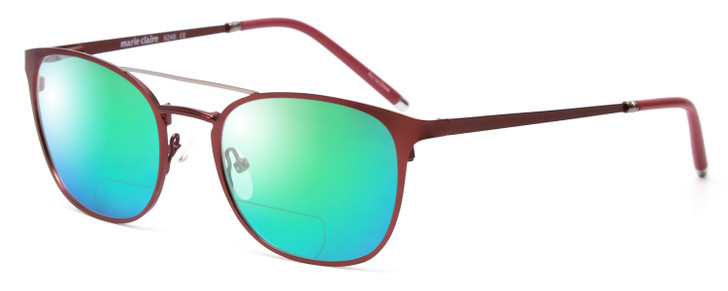 Profile View of Marie Claire MC6248-BUR Designer Polarized Reading Sunglasses with Custom Cut Powered Green Mirror Lenses in Burgundy Red Ladies Classic Full Rim Stainless Steel 49 mm