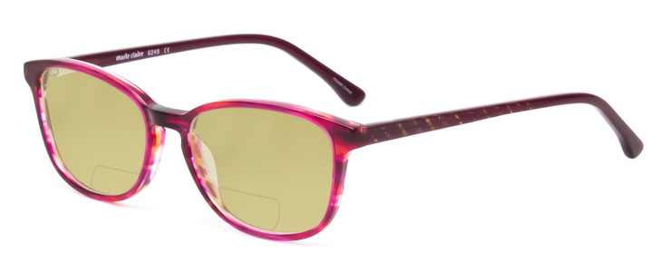 Profile View of Marie Claire MC6249-RUB Designer Polarized Reading Sunglasses with Custom Cut Powered Sun Flower Yellow Lenses in Ruby Red Crystal Pink Ladies Cateye Full Rim Acetate 47 mm