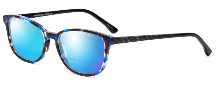 Profile View of Marie Claire MC6249-SAP Designer Polarized Reading Sunglasses with Custom Cut Powered Blue Mirror Lenses in Sapphire Blue Crystal Marble Ladies Cateye Full Rim Acetate 47 mm