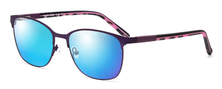 Profile View of Marie Claire MC6259-PUR Designer Polarized Sunglasses with Custom Cut Blue Mirror Lenses in Purple Marble Pink Ladies Cateye Full Rim Stainless Steel 49 mm