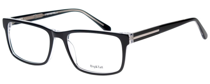 Profile View of Big&Tall 21 Designer Reading Eye Glasses with Custom Cut Powered Lenses in Black Crystal Mens Rectangle Full Rim Acetate 57 mm