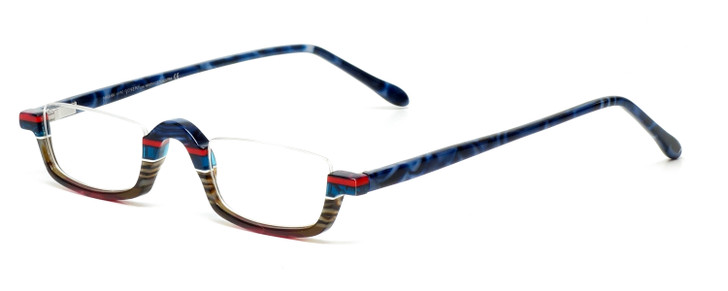 Profile View of Johann Von Goisern  Designer Reading Eye Glasses with Custom Cut Powered Lenses in Blue Purple Marble Red White Stripe Unisex Rectangle Semi-Rimless Acetate 44 mm