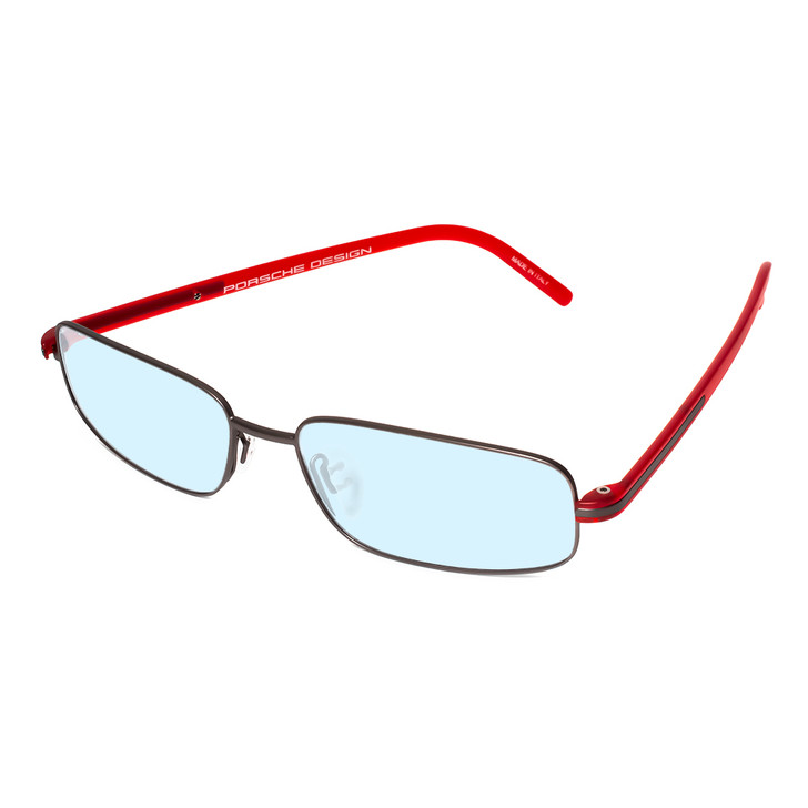 Profile View of Porsche Design P8125-D-57 Designer Progressive Lens Blue Light Blocking Eyeglasses in Dark Gun Metal & Red Unisex Rectangle Full Rim Titanium 57 mm