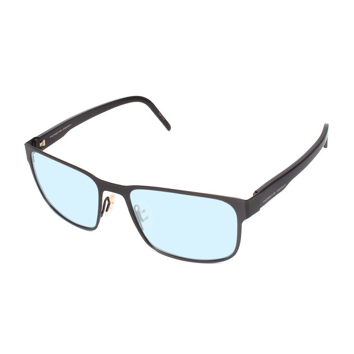 Profile View of Porsche Design P8291-A-55 Designer Blue Light Blocking Eyeglasses in Gun Metal Grey&Gloss Black Unisex Square Full Rim Titanium 55 mm