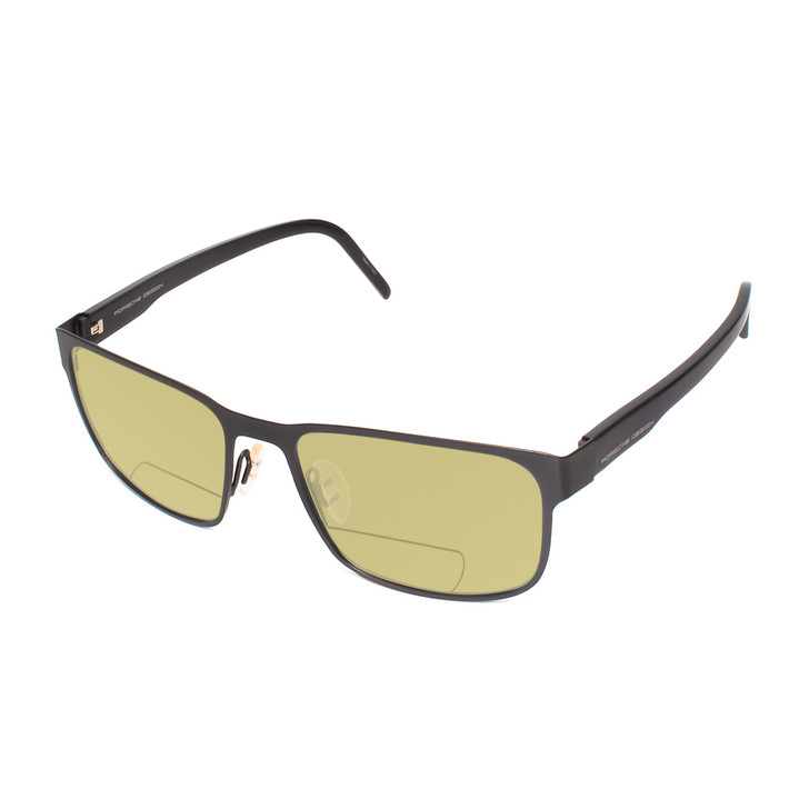 Profile View of Porsche Design P8291-A-55 Designer Polarized Reading Sunglasses with Custom Cut Powered Sun Flower Yellow Lenses in Gun Metal Grey&Gloss Black Unisex Square Full Rim Titanium 55 mm