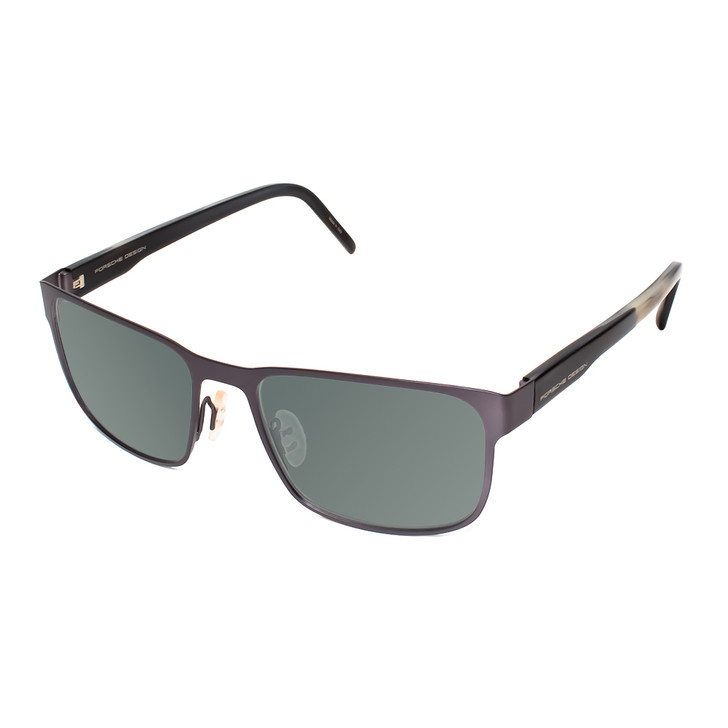 Profile View of Porsche Design P8291-B-55 Designer Polarized Sunglasses with Custom Cut Smoke Grey Lenses in Gun Metal Grey&Marble Horn Black Unisex Square Full Rim Titanium 55 mm