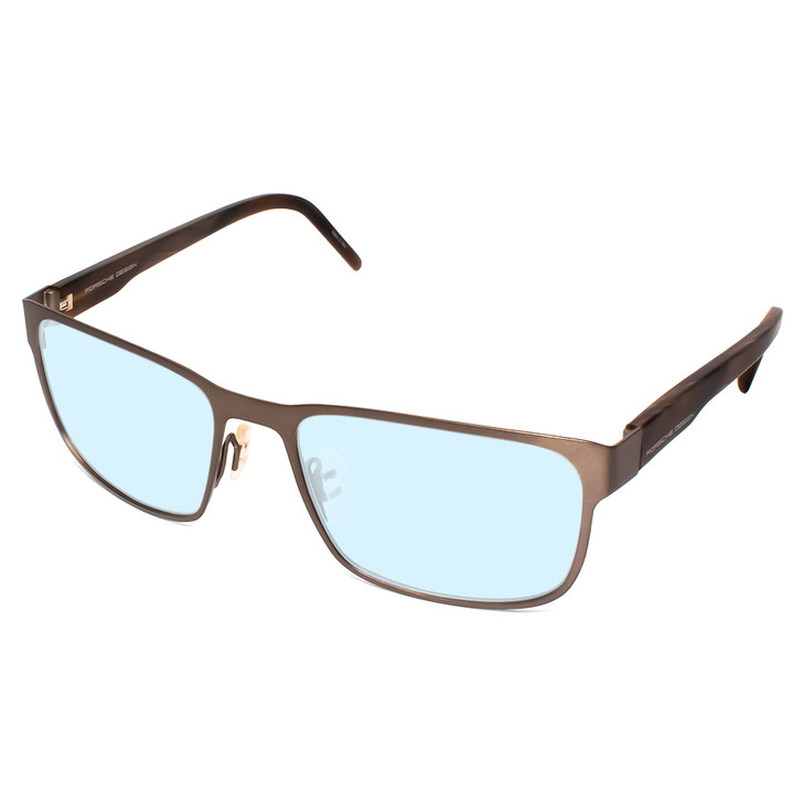 Profile View of Porsche Design P8291-C-55 Designer Progressive Lens Blue Light Blocking Eyeglasses in Satin Brown&Matte Marble Horn Unisex Square Full Rim Titanium 55 mm