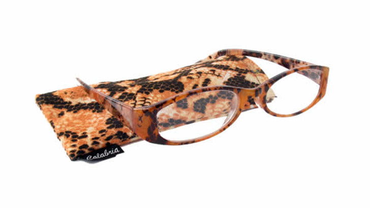 Profile View of Calabria 744 Snakeskin Designer Blue Light Blocking Glasses&Match Case in Brown