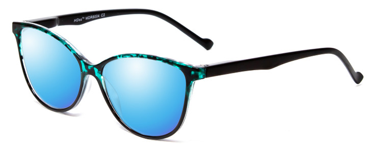 Profile View of Calabria MDR8004 Designer Polarized Sunglasses with Custom Cut Blue Mirror Lenses in Teal Green Tortoise Crystal Black Fade Ladies Cateye Full Rim Acetate 49 mm