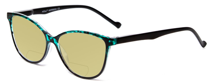 Profile View of Calabria MDR8004 Designer Polarized Reading Sunglasses with Custom Cut Powered Sun Flower Yellow Lenses in Teal Green Tortoise Crystal Black Fade Ladies Cateye Full Rim Acetate 49 mm