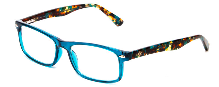 Profile View of Ann Taylor ATR010 Designer Reading Eye Glasses with Custom Cut Powered Lenses in Crystal Teal Blue Marble Tortoise Ladies Rectangle Full Rim Acetate 53 mm