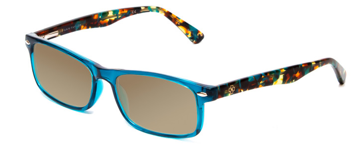 Profile View of Ann Taylor ATR010 Designer Polarized Sunglasses with Custom Cut Amber Brown Lenses in Crystal Teal Blue Marble Tortoise Ladies Rectangle Full Rim Acetate 53 mm