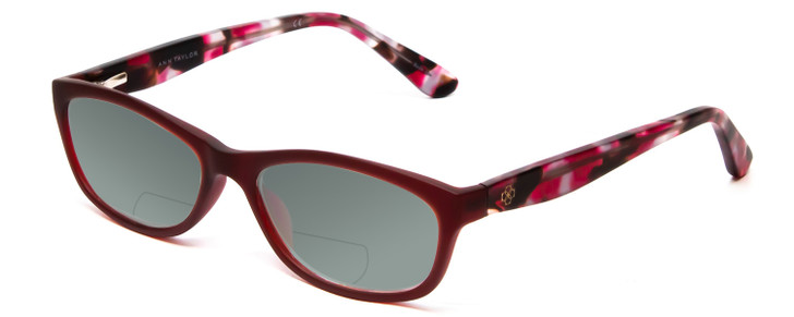 Profile View of Ann Taylor ATR020 Designer Polarized Reading Sunglasses with Custom Cut Powered Smoke Grey Lenses in Matte Burgundy Red Marble Tortoise Ladies Cateye Full Rim Acetate 52 mm