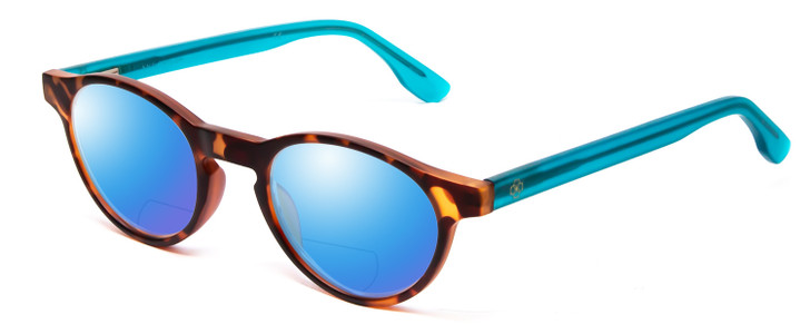 Profile View of Ann Taylor ATR030 Designer Polarized Reading Sunglasses with Custom Cut Powered Blue Mirror Lenses in Tortoise Brown Gold Turquoise Crystal Blue Ladies Round Full Rim Acetate 47 mm