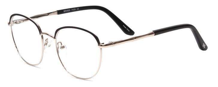 Profile View of Scott&Zelda SZ7429 Designer Bi-Focal Prescription Rx Eyeglasses in Satin Black Silver Glitter Tips Unisex Round Full Rim Metal 50 mm