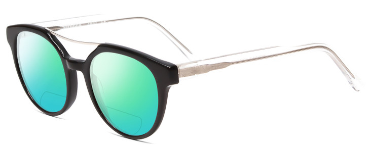 Profile View of Scott&Zelda SZ7431 Designer Polarized Reading Sunglasses with Custom Cut Powered Green Mirror Lenses in Gloss Black Silver Crystal Tips Unisex Oval Full Rim Acetate 50 mm