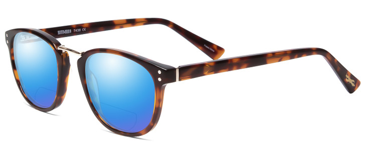 Profile View of Scott&Zelda SZ7436 Designer Polarized Reading Sunglasses with Custom Cut Powered Blue Mirror Lenses in Tortoise Havana Brown Gold Silver Studs Unisex Oval Full Rim Acetate 49 mm