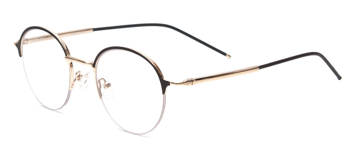 Profile View of Scott&Zelda SZ7455 Designer Reading Eye Glasses with Custom Cut Powered Lenses in Matte Satin Black Gold Ladies Round Semi-Rimless Metal 48 mm