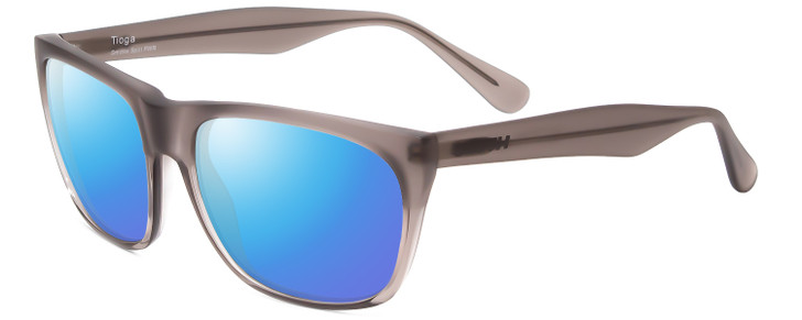 Profile View of Smith Optics Tioga Designer Polarized Sunglasses with Custom Cut Blue Mirror Lenses in Smoke Split Grey Crystal Fade Unisex Square Full Rim Acetate 58 mm