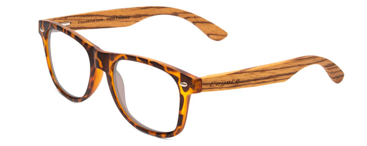 Profile View of Coyote Woodie Designer Reading Eye Glasses with Custom Cut Powered Lenses in Black Orange Tortoise Walnut Brown Wood Unisex Classic Full Rim Wood 52 mm