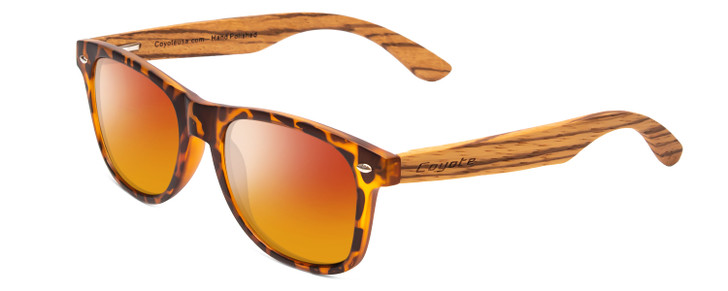 Profile View of Coyote Woodie Designer Polarized Sunglasses with Custom Cut Red Mirror Lenses in Black Orange Tortoise Walnut Brown Wood Unisex Classic Full Rim Wood 52 mm