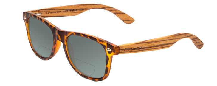 Profile View of Coyote Woodie Designer Polarized Reading Sunglasses with Custom Cut Powered Smoke Grey Lenses in Black Orange Tortoise Walnut Brown Wood Unisex Classic Full Rim Wood 52 mm