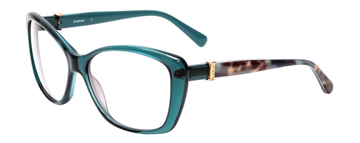 Profile View of Bebe BB7141-471 Designer Reading Eye Glasses in Crystal Teal Blue Green Tortoise Brown Gold Ladies Cateye Full Rim Acetate 57 mm