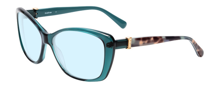 Profile View of Bebe BB7141-471 Designer Progressive Lens Blue Light Blocking Eyeglasses in Crystal Teal Blue Green Tortoise Brown Gold Ladies Cateye Full Rim Acetate 57 mm