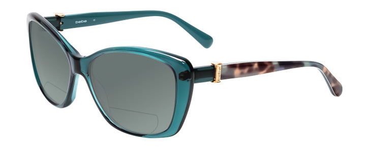 Profile View of Bebe BB7141-471 Designer Polarized Reading Sunglasses with Custom Cut Powered Smoke Grey Lenses in Crystal Teal Blue Green Tortoise Brown Gold Ladies Cateye Full Rim Acetate 57 mm