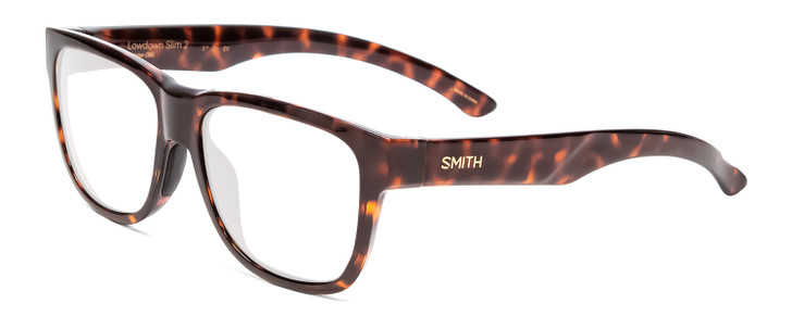 Profile View of Smith Optics Lowdown Slim 2 Designer Reading Eye Glasses in Tortoise Havana Brown Gold Unisex Classic Full Rim Acetate 53 mm