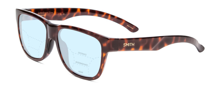 Profile View of Smith Optics Lowdown Slim 2 Designer Progressive Lens Blue Light Blocking Eyeglasses in Tortoise Havana Brown Gold Unisex Classic Full Rim Acetate 53 mm with Blue Light Zone functionality illustration laid over the lens