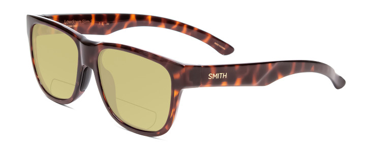 Profile View of Smith Optics Lowdown Slim 2 Designer Polarized Reading Sunglasses with Custom Cut Powered Sun Flower Yellow Lenses in Tortoise Havana Brown Gold Unisex Classic Full Rim Acetate 53 mm