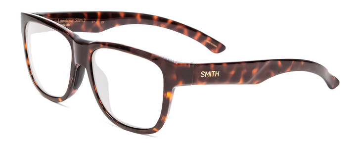 Profile View of Smith Optics Lowdown Slim 2 Designer Progressive Lens Prescription Rx Eyeglasses in Tortoise Havana Brown Gold Unisex Classic Full Rim Acetate 53 mm