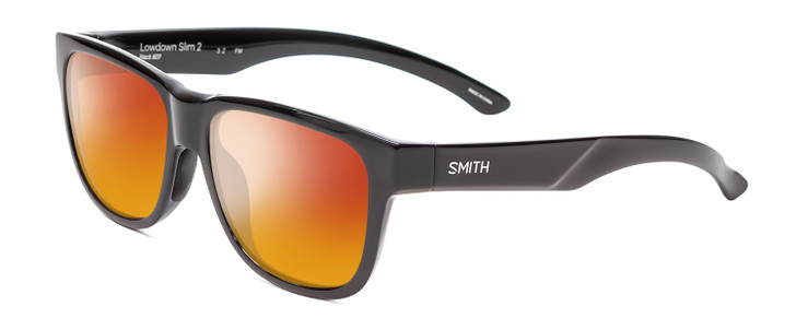Profile View of Smith Optics Lowdown Slim 2 Designer Polarized Sunglasses with Custom Cut Red Mirror Lenses in Gloss Black Unisex Classic Full Rim Acetate 53 mm