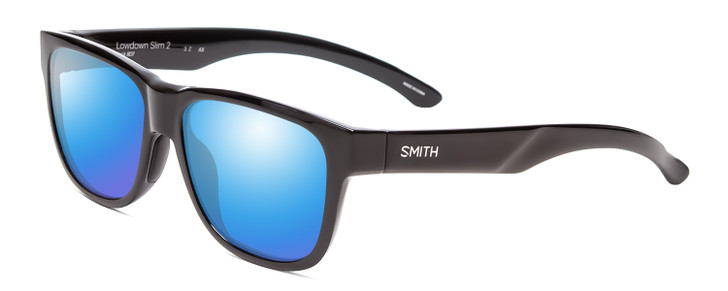 Profile View of Smith Optics Lowdown Slim 2 Designer Polarized Sunglasses with Custom Cut Blue Mirror Lenses in Gloss Black Unisex Classic Full Rim Acetate 53 mm