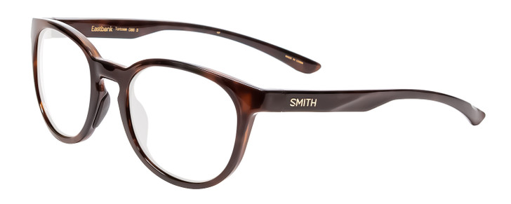 Profile View of Smith Optics Eastbank Designer Single Vision Prescription Rx Eyeglasses in Tortoise Havana Brown Gold Unisex Round Full Rim Acetate 52 mm