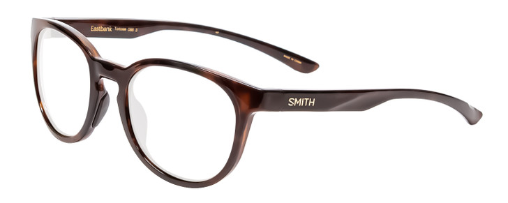 Profile View of Smith Optics Eastbank Designer Bi-Focal Prescription Rx Eyeglasses in Tortoise Havana Brown Gold Unisex Round Full Rim Acetate 52 mm