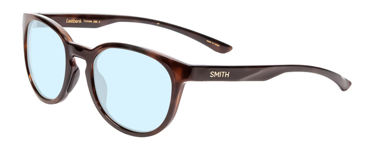 Profile View of Smith Optics Eastbank Designer Blue Light Blocking Eyeglasses in Tortoise Havana Brown Gold Unisex Round Full Rim Acetate 52 mm