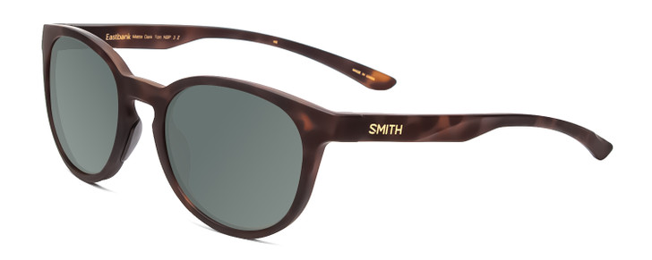 Profile View of Smith Optics Eastbank Designer Polarized Sunglasses with Custom Cut Smoke Grey Lenses in Matte Tortoise Havana Brown Gold Unisex Round Full Rim Acetate 52 mm