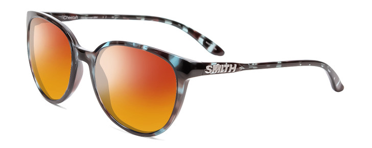 Profile View of Smith Optics Cheetah Designer Polarized Sunglasses with Custom Cut Red Mirror Lenses in Sky Tortoise Havana Marble Brown Ladies Cateye Full Rim Acetate 54 mm