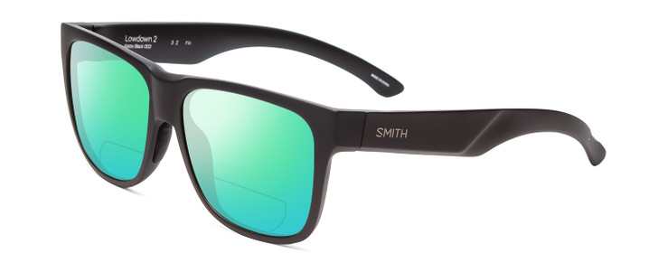 Profile View of Smith Optics Lowdown 2 Designer Polarized Reading Sunglasses with Custom Cut Powered Green Mirror Lenses in Matte Black Unisex Square Full Rim Acetate 55 mm