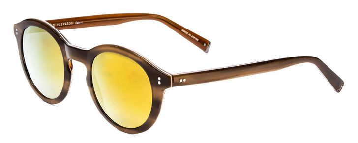 Profile View of John Varvatos V519 Round Sunglasses in Olive Brown Horn Marble/Gold Mirror 47 mm