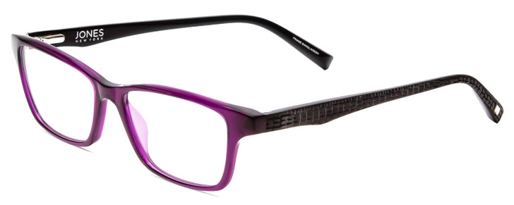 Profile View of Jones New York J230 Designer Reading Eye Glasses with Custom Cut Powered Lenses in Crystal Purple Alligator Skin Print Ladies Square Full Rim Acetate 48 mm