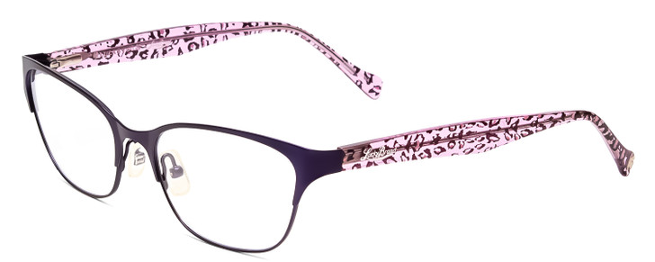 Profile View of Lucky Brand D100 Designer Single Vision Prescription Rx Eyeglasses in Purple Cheetah Lavender Ladies Oval Full Rim Metal 52 mm