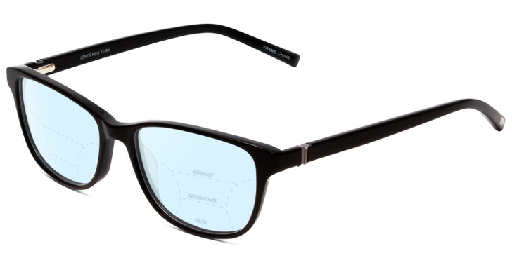 Profile View of Jones New York J759 Designer Progressive Lens Blue Light Blocking Eyeglasses in Gloss Black Unisex Classic Full Rim Acetate 52 mm with Blue Light Zone functionality illustration laid over the lens