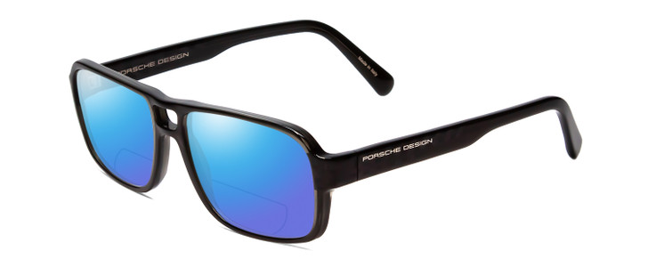 Profile View of Porsche Designs P8217-A Designer Polarized Reading Sunglasses with Custom Cut Powered Blue Mirror Lenses in Crystal Dark Grey Carbon Fiber Unisex Square Full Rim Acetate 56 mm