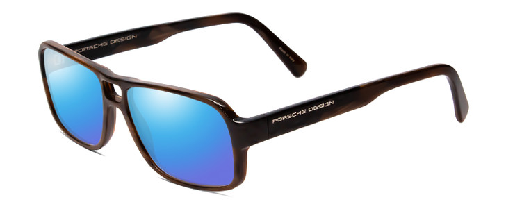 Profile View of Porsche Designs P8217-B Designer Polarized Sunglasses with Custom Cut Blue Mirror Lenses in Brown Carbon Fiber Unisex Square Full Rim Acetate 56 mm