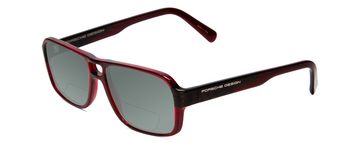 Profile View of Porsche Designs P8217-D Designer Polarized Reading Sunglasses with Custom Cut Powered Smoke Grey Lenses in Crystal Dark Red Carbon Fiber Unisex Square Full Rim Acetate 56 mm