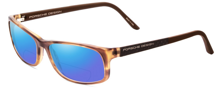 Profile View of Porsche Designs P8243-B Designer Polarized Reading Sunglasses with Custom Cut Powered Blue Mirror Lenses in Striped Crystal Brown Matte Unisex Oval Full Rim Acetate 54 mm