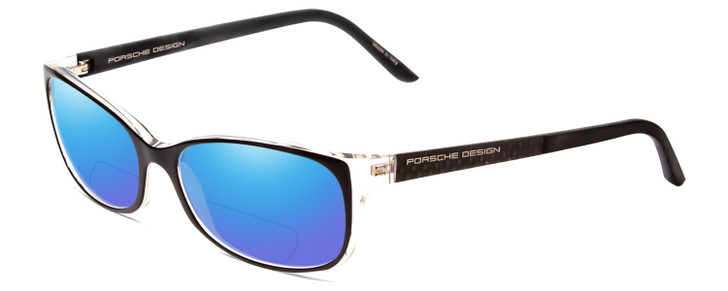 Profile View of Porsche Designs P8247-A Designer Polarized Reading Sunglasses with Custom Cut Powered Blue Mirror Lenses in Black Layer Crystal Unisex Oval Full Rim Acetate 55 mm